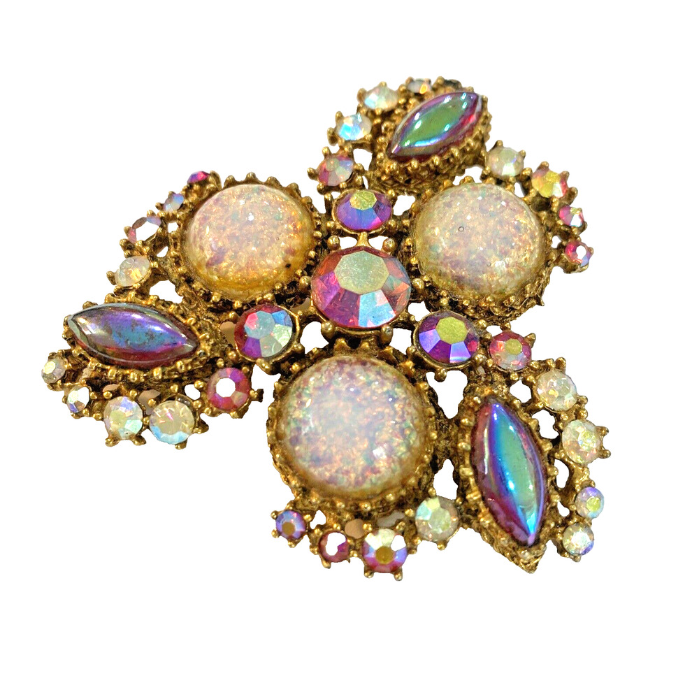 Vintage Mid Century Brooch Goldtone Multicolor Confetti & AB Rhinestones Pin